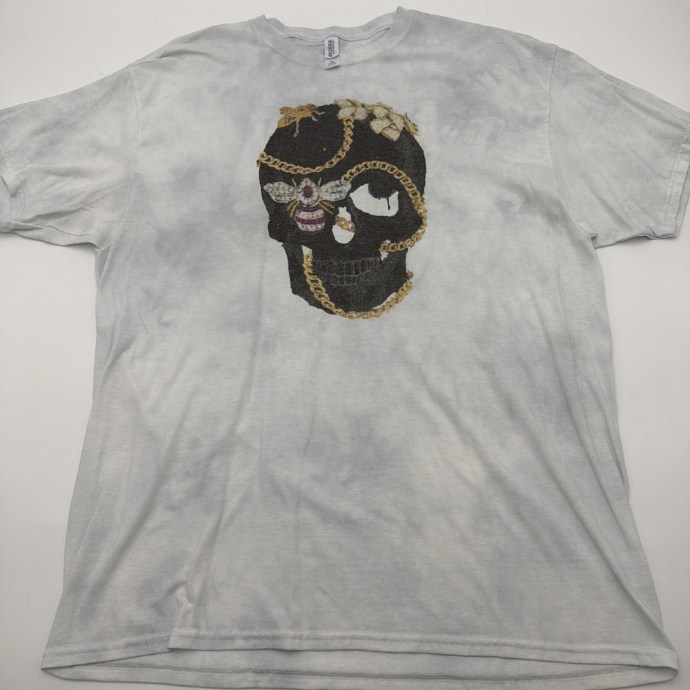 JERZEES DRI-POWER XL White Cotton Skull Bee Gold Graphic Crew Neck T-Shirt Chain